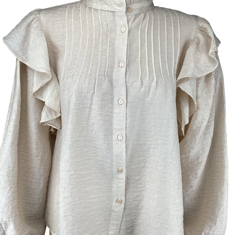 Mng Mango Lyocell Blouse Top Size Small Beige Ruf… - image 5